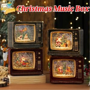 Allieuka TV Shape Christmas Snow Globe Music Box Light Up Snow Night Light Ornament Musical Xmas Decor Gift