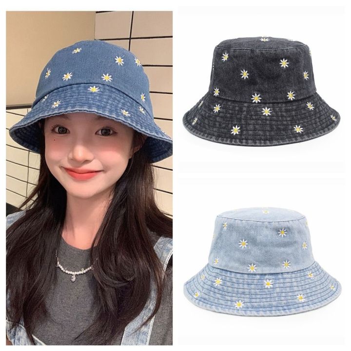 SKWN Sunscreen Daisy Flower Denim Bucket Hat Solid Color Summer Sun Hat ...