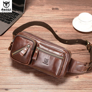 BULLCAPTAIN Head layer cowhide single shoulder diagonal cross phone waist bag for mens retro 8-inch earphone charging bag