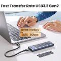 UGREEN กล่องใส่ HDD 10Gbps Dual Protocol M.2 NVME and SATA SSD Case USB C 3.2 Gen2 Compatible with M.2 M-Key(NVME)/M&B-Key(SATA) Model: 90408. 