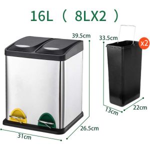 Plexor 16/24/30L Dual Trash and Recycling Bin Fingerprint Proof Stainless Steel Kitchen Garbage Can with Double Lid Pedal Rubbish Bin for Kitchen Home Office without Inner Bucket