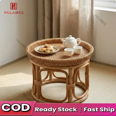 Vintage Rattan Wood Side Table for Living Room Small Round Accent Furniture for Sofa Tea Snack