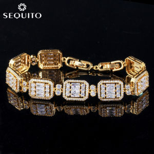 SEQUITO Luxury Princess Cut Cubic Zirconia White Gold Color Bridal Bangle Jewelry for Women Indian Tennis Bracelet B099