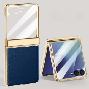 Luxury Leather Plating Case For Samsung Galaxy Z Flip 7 6 5 flip6 Screen Protector Hinge Shockproof Back Cover for Samsung flip7