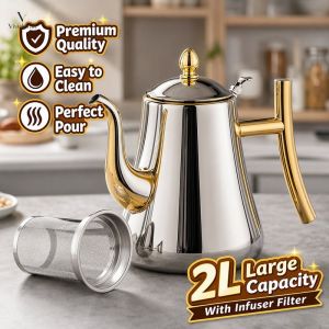Stainless Steel Teapot With Infuser Filter Big Capacity Anti Scald Grip For Loose Tea Coffee Home Kitchen Outdoor