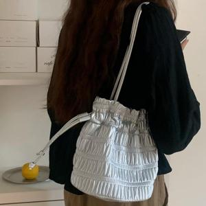 Women Bag PU Leather Shoulder Bag Korean Styles Underarm Bag Drawstring Armpit Bag Silver Pleated Handbag