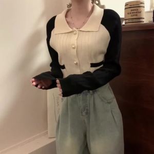 French Retro Color Block Raglan Sleeve Crochet Cardigan for Women New Double Pocket Turn-Down Collar Small Lazy Style Soft Sweater Knitted