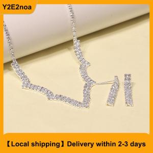 【Local shipping】 2Pcs Simple Geometric Zircon Necklace Earrings Kit For Women Wedding Bride Jewelry Set Accessories Gift