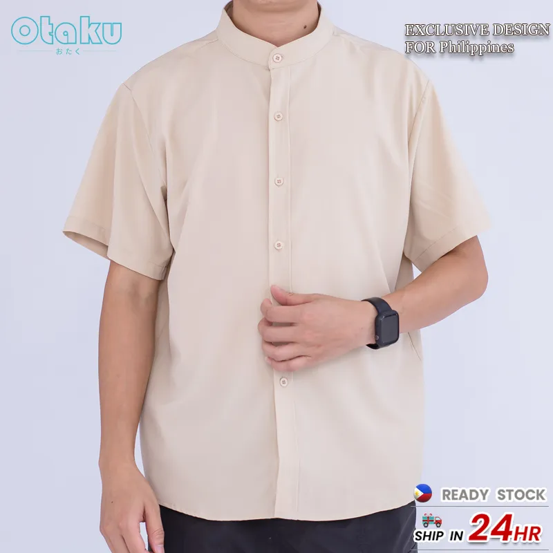 OTAKU Polo For Men Cotton Linen Chinese Collar 4/3 Sleeve Men Shirt Stand  Collar Casual Polo Shirt