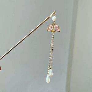 GGFG เรโทร ประณีตประณีตประณีต พู่ห้อยคอ เครื่องประดับผมเด็กผู้หญิง ไข่มุกไข่มุก ชุดกี่เพ้าของจีน หมวกสไตล์จีน กิ๊บติดผมสไตล์โบราณ Hanfu Fan hair sticks กิ๊บติดผมโลหะ