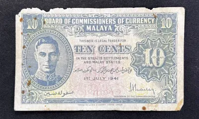 Duit Lama～1941 & 1942 King George VI Board of Commissioners of Currency Malaya 10 Cents Banknote (Signature by H. Weisberg Chairman of Commissioners)