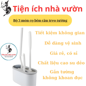 Bộ ba món chổibàn chải cọ bồn cầu nhà vệ sinh có hộp đựng thoát nước dán tường tiết kiệm không gian tiện lợi.