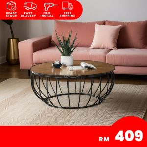 [FREE INSTALLATION]  I HOME ATLAS Round Coffee Table Solid Table Top with Metal Leg / Meja Kopi Bulat Kayu Kaki Besi