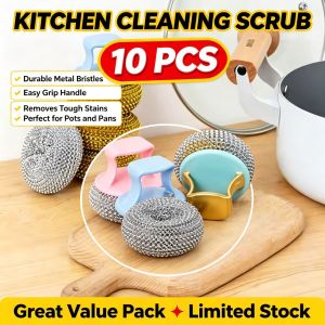 【10Pcs】COD Steel Wire Ball Cleaning Brush With Long/Short Handle Kitchen Protect Your Hands