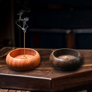 JAYNEBIO Bowl Shape Wooden Incense Holder Multicolor Heart Sutra Carved Rosewood Incense Holder Traditional Style Mini Size Incense Stick Holder Home Decoration