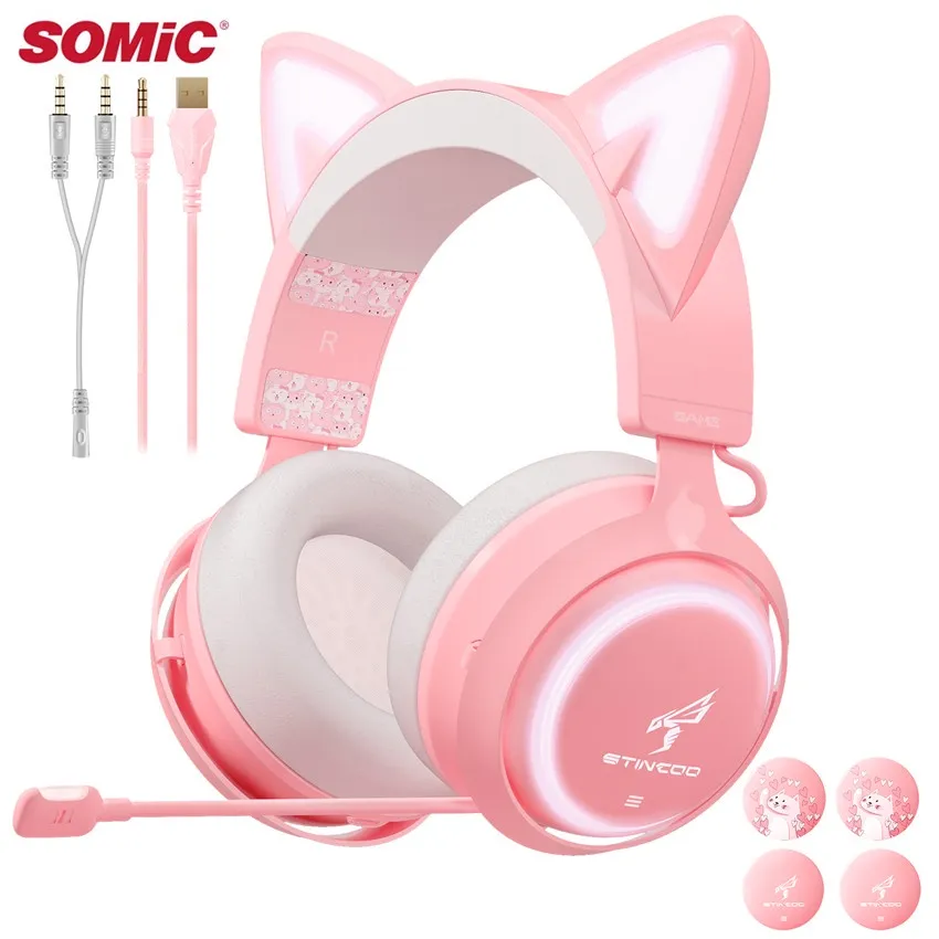 Original SOMIC GS510 USB 3.5mm Wired Ganer Headphones Cute Cat Ear Pink Gaming With White Microphone LED Light For PS4 Laptop Phone Lazada