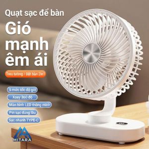 Quạt Để Bàn Văn Phòng Mini tích điện 100 mức gió Xoay tròn đa góc Pin Sạc1200mAh Gió Mạnh yên tĩnh