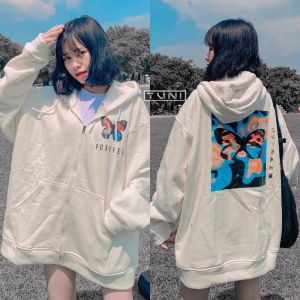 [HCM][FREESHIP] Áo hoodie áo khoác hoodie Nỉ Nữ cực đẹp mềm mịn chất thun nỉ bông thoáng mát in Hình Bướm (nón 2 lớp có dây kéo)
