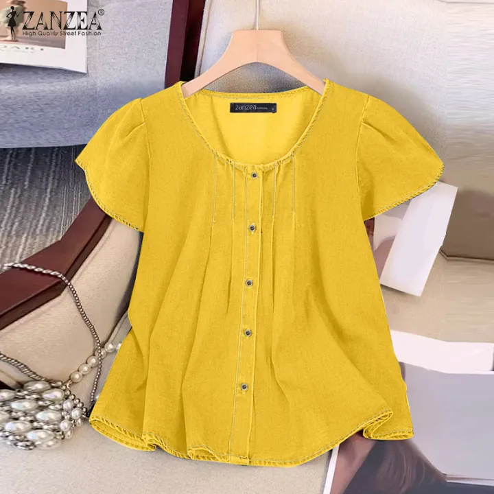 ZANZEA%20Women%20Fashion%20Crew%20Neck%20Shirt%20Button%20Up%20Raglan%20Sleeve%20Pleated%20Solid%20Color%20Top%20#0616%20-%20Image%202