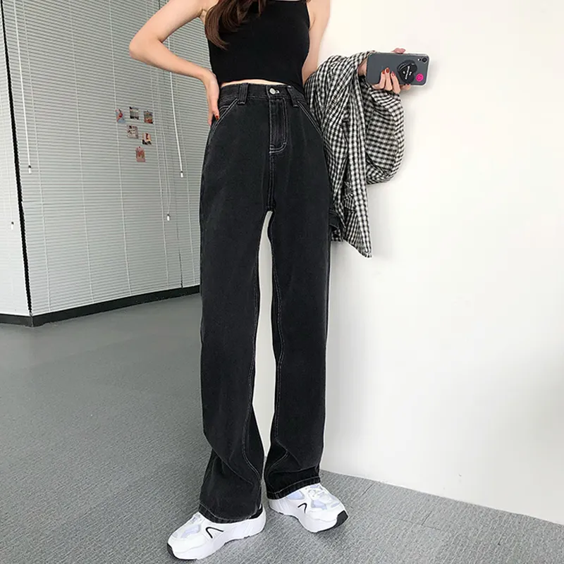 Korean Style High Waist Black Jeans Women Fashion Wide Leg Straight Long  Pants