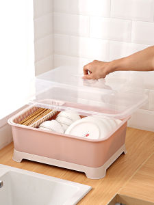 Large Size Dustproof Kitchen Plastic Cupboards Dishes Rack Bowl Storage Rack with Covers 41x31x27 CM