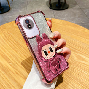 YBD Anti Fall Four Corner Protective Glitter phone Case for Vivo Y02 Y02A Y02T V2254 Makeup Labubu Mirror Holder