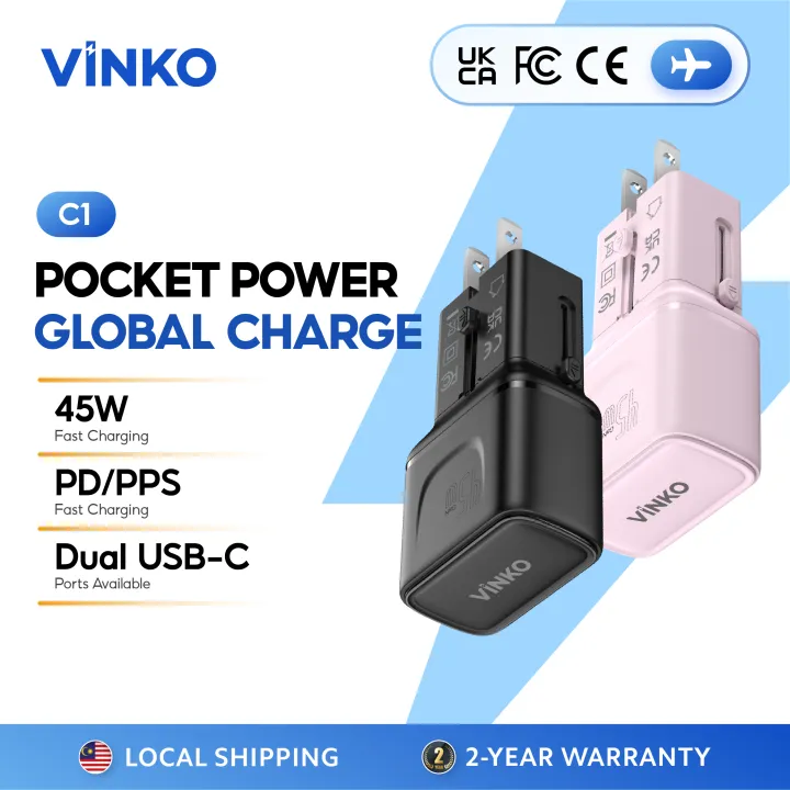 VINKO C1 45W PD Fast Charging Pocket Travel Adapter Dual USB-C Wall Charger for iPhone Android