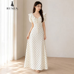 RUMIA Women French Style Polka Dot Maxi Dress Puff Sleeve Bow Tie Slim Waist A Line Long Dress Elegant Casual Party Outfit