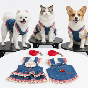 NOBLELYN Denim Dog Dress Harness Set Mesh with Leash Cat Dog Vest Trendy Cherry Pattern Pet Jeans Skirt For Teddy Bear Bichon Frise Etc.