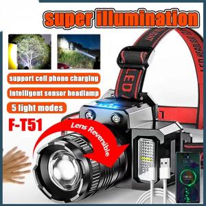 Senter Kepala LED Headlamp F-T51 Super Terang 5000 Lumen USB Charging Sensor Tangan Sorot Zoom Waterproof 6 Mode Pencahayaan