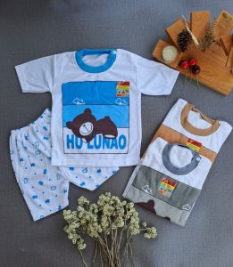 setelan baju anak laki-laki/perempuan lengan pendek motif hulunao bear 3-18bulan