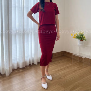 "Qimareez" SETELAN ROK SPAN KNIT HORNET PREMIUM STRETCH KOMBINASI ATASAN CROP LENGAN PANJANG OOTD MASA KINI SIMPLE CASUAL