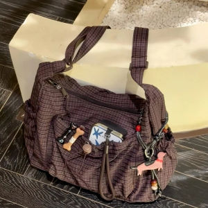 Túi Đeo Vai Nylon Hàn Quốc Túi Tote Có Khóa Kéo Kẻ Sọc Đơn Giản Thời Trang Túi Mây Xếp Ly Dây Rút Túi Đeo Chéo Đi Lại Mới 2026