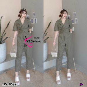 TW18592 Jumpsuit จั้มสูทคอปก ติดกระดุม ขายาว + เข้มขัด