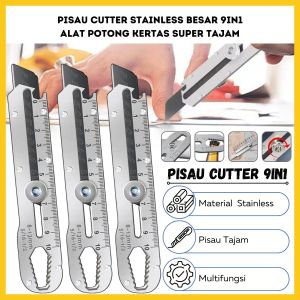 Pisau Cutter Stainless Besar 9in1 Super Tajam Tahan Karat / Penggaris Screw Buka Kaleng Tutup Botol Baut Sekrup Mur Cuter Kater Kunci Heksagonal Alat Potong Kertas Unboxing Packing Bangunan Stainless Baja Knife Pack Kardus Buble Plastik Kabel Iris Jumbo