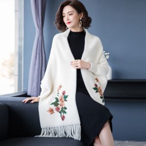 LUSIT Dày Khăn quàng cổ Cashmere thêu Thu Đông Khăn trùm đầu Khăn choàng ấm Váy dạ hội Khăn choàng tua rua dài
