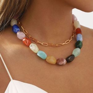 ARTMU 2Pcs/Set Bead Stone Beads Short Choker Stone Multilayer Clavicle Chain Temperament Sweater Chain Colorful Resin Necklace Women