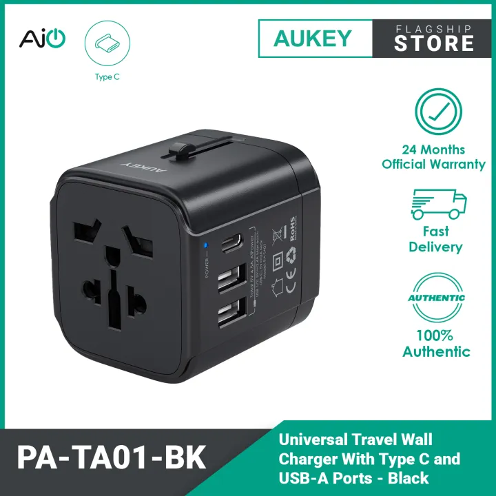 Aukey PA-TA01 Universal Travel Wall Charger With Type C and USB-A Ports - Black