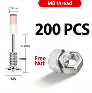 Nail Gun Threaded Nails (500-Pack 42mm) - Free M8 Nuts Rust-Resistant Steel Strong Holding Power Fits Manual Nail Guns Ideal for Concrete Walls/Ceilings & Decorative Paintings