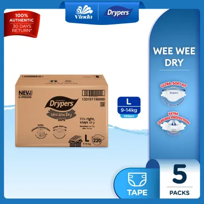[NEW & UPGRADED] Drypers Wee Wee Dry Baby Tape Diapers M52/ L44/ XL36/ XXL32s (5 Packs) - Super Dry Soft & Fit