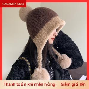 CS Fluffy sang trọng phụ nữ Beanie cap mùa đông ấm áp lớn Pompom dệt kim tai bảo vệ hat Windproof tuyết trượt tuyết nữ earmuffs mũ
