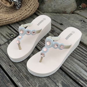 [Free Shipping] WomenS Summer Flip-Flops Versatile For Outdoor Wear Featuring Rhinestones A Trendy Design High Heels Waterproof Material And A Sophisticated Look With A Toe-Post And Wedge Heel
