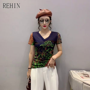 REHIN Womens top Fashion mesh print floral short-sleeved T-shirt V-neck slim and thin S-3XL blouse