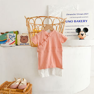 เสื้อผ้าเด็กสไตล์จีนใหม่สุดเทรนด์ ชุดฮันฟูแขนสั้นฤดูร้อนสำหรับเด็กชายและเด็กหญิง ชุดรอมเปอร์สำหรับงานฉลองวันเกิดปีแรกและงานเลี้ยง