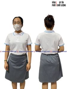 Áo thun polo nữ phối viền + Váy xám cho nữ đẹp chuẩn | Đồng phục công sở cho nữ