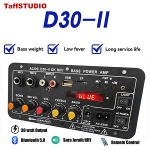 TaffSTUDIO D30-II Amplifier Board Bluetooth 5.0 USB 2.1 Channel 12V Hitam Pekat dengan Display LCD dan Remote Control