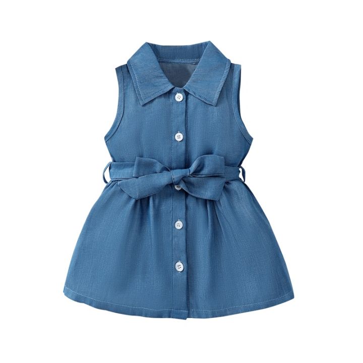 Toddler Baby Girl Denim Dress Sleeveless Lapel Collar Button Down Belted Shirt Dress Lazada PH