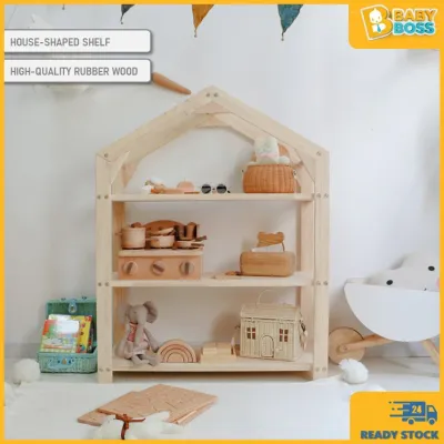BabyBoss Solid Rubber Wood Nordic Style House Shaped Storage Shelf Book Toy Rak Buku Mainan