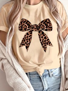 Bow Print Crew Neck T-Shirt Casual Short Sleeve T-Shirt For Spring & Summer Womens Clothing