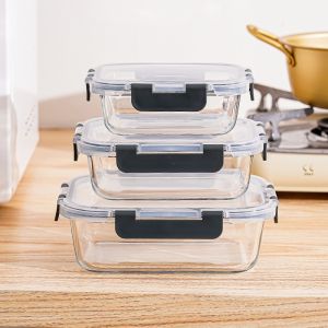 3Pcs/set High Borosilicate Glass Storage Rectangle Microwave Safe Glass Container Food Storage Glass Lunch Box 便当盒 玻璃饭盒